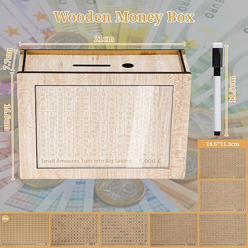 Alyvisun Tirelire en Bois, 5000€ Tirelire avec Marqueur et Autocollants, Tirelire Réutilisable avec Objectifs Chiffres D'épargne, Tireliure Coffre Cash Box Boîte pour Adultes et Enfants(500-10000€) - Nail Gallerys