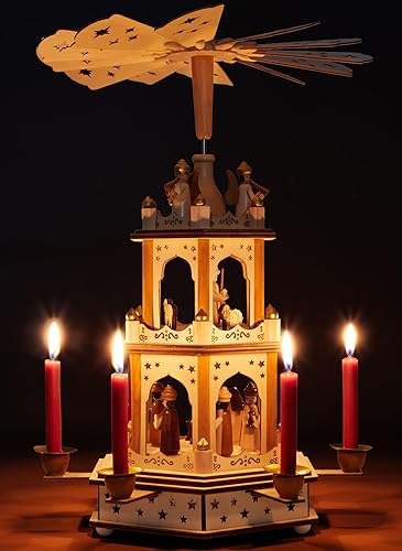 BRUBAKER Pyramide de Noël - Pyramide Tournante en Bois à 3 Étages - Décoration de Noël avec 3 Étages et Ailes d'Étoiles en Bois - 45 cm de Hauteur - Personnages Peints à la Main Noël - Nature Marron - Nail Gallerys