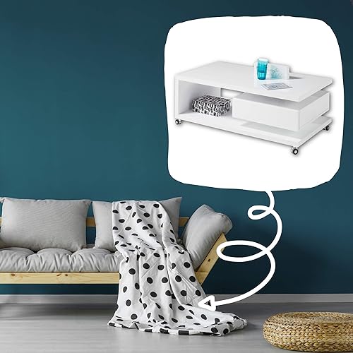 Stella Trading Milan Table Basse Moderne sur roulettes Blanc Brillant Table Basse Mobile avec étagère et tiroir pour Votre Salon 110 x 41 x 60 cm - Nail Gallerys