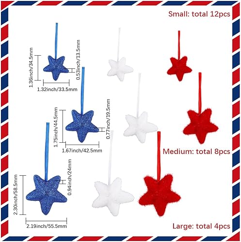 SOFPLATE 24 pièce 2 Styles Patriotiques Décorations d'arbre Jour de L'Indépendance Suspendus Étoiles Petit Pendentif en Mousse Rouge Blanc Bleu Jour du Souvenir Jour des Anciens Combattants 4 Juillet - Nail Gallerys