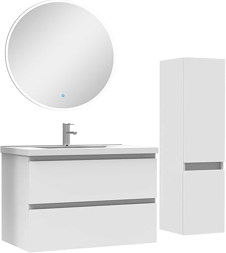 AICA Ensemble Meubles Salle de Bain 100cm Vasque + Colonne + Miroir Rond Lumineux Anthracite - Nail Gallerys