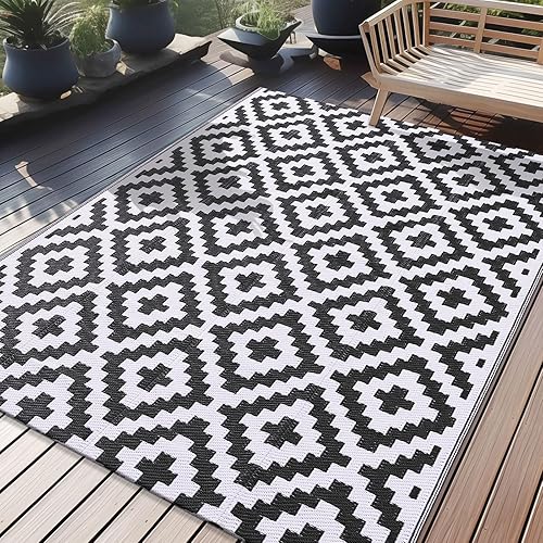 Homaxy Tapis d'extérieur résistant aux intempéries, en plastique, résistant aux UV, réversible, lavable, pour balcon, jardin, terrasse, camping, pique-nique (150 x 240 cm, noir et blanc) - Nail Gallerys