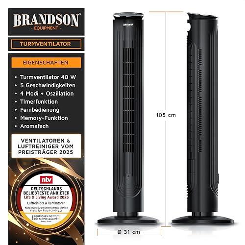 Brandson Ventilateur de colonne 40 Watt – Bac à arômes – Oscillation 80° – Minuterie – 4 modes – 5 vitesses – Affichage LED – incl. télécommande – Mode ECO - Nail Gallerys