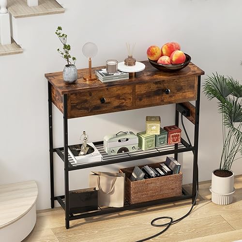 GIANTEX Table Console Étroite avec Prise, Meuble Console avec 1 Ports USB, 1 Type-C, Table d'Entrée Industriel avec 2 Tiroirs, 2 Étagères en Treillis Métallique, 81 x 30 x 81 cm(Marron Rustique) - Nail Gallerys