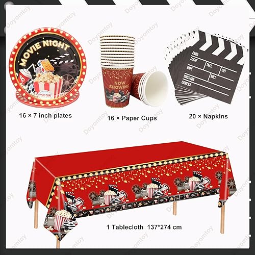 Doyomtoy Décorations pour Soirée Cinéma,53 Pièces Movie Night avec Assiettes,Set de Table pour Soirée Cinéma,Gobelets,Serviettes,Nappe-Pour 16 personnes Parfait pour Décoration de fête - Nail Gallerys