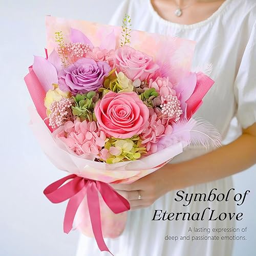 MAMAMIKO Bouquet de Roses Eternelle avec Vase, Fleur Eternelle Cadeau, Idée Boite Rose Eternel, Cadeau Femme, Saint-Valentin, Anniversaire, Fête des Mères, Grands-Mères, Copine, Amie (Rose et Violet) - Nail Gallerys