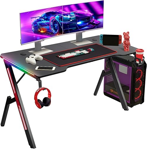 Todeco Bureau Gaming LED 140 x 60cm, Grande Bureau Gamer avec Plateau en Fibre de Carbone, Ergonomique avec Tapis de Souris, Porte-gobelet et Crochet pour Casque - Nail Gallerys