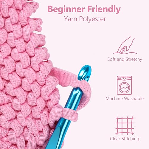 VynyQoo Fil Tee pour Crochet Polyester, Pelote Crochet 105m, 2 cm large Tshirt Yarn, Grosse Tricoter Débutants pour Sac Crochet，Paniers, DIY & Intérieure (rose) - Nail Gallerys