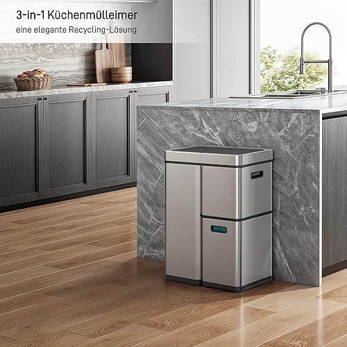 EKO Mirage Plus Système de tri sélectif à 3 compartiments, 2 x 15 l et 30 l, poubelle de recyclage avec capteur, 3 seaux intérieurs en plastique, poubelle automatique avec couvercle, grande poubelle - Nail Gallerys