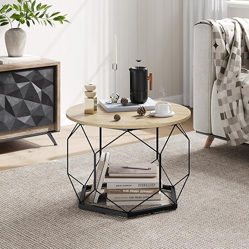 WOLTU Table Basse, Table Basse Ronde, Table de Canapé, Table à Café, Petite Table pour Salon, Table d'Appoint en Métal, Chêne Clair+Noir, BTS27hei - Nail Gallerys