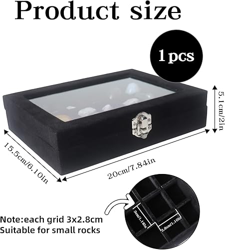 Dmnnlp Velvet Rock Boîte de présentation à 24 compartiments avec couvercle en verre transparent, boîte de rangement pour petites pierres précieuses fossiles, bagues, boucles d'oreilles, breloques - Nail Gallerys