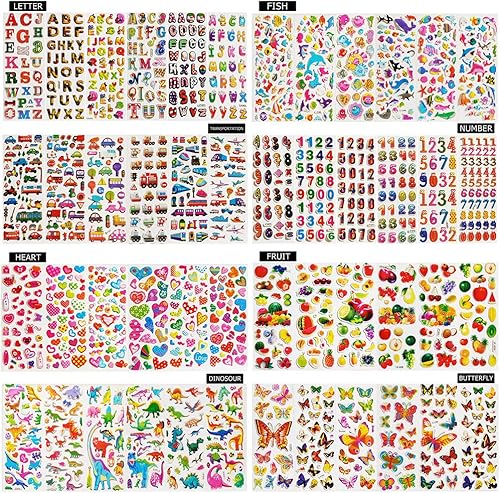60 Feuilles (1800+) D'autocollants pour Enfants, Autocollants 3D pour Scrapbooking Bullet Journal, Y Compris Lettre Poisson, Numéro de Véhicule, Cœur, Fruits, Dinosaure, Papillon, Dessert, Animal - Nail Gallerys