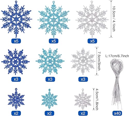 30pcs Ornement Sapin de Noël Flocon de Neige, Flocon de Neige à Paillettes Suspendu pour Décorations Arbre de Noel et Guirlande (Bleu, Bleu Clair, Argent) - Nail Gallerys