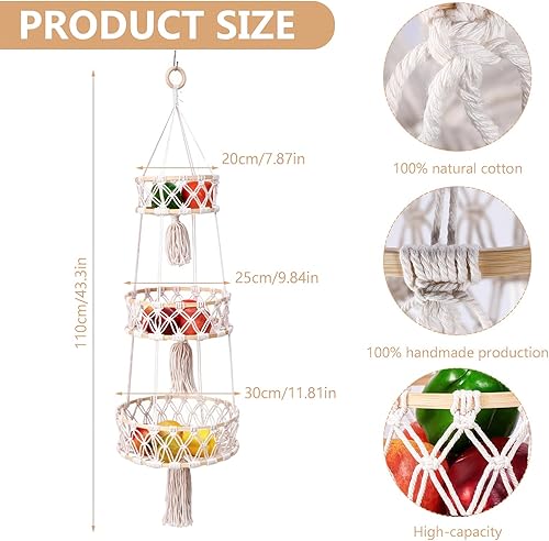 UNISOPH Panier à fruits suspendu à 3 étages, Paniers de rangement en corde de coton tissée à la main, Paniers suspendus pour fruits et légumes, Paniers muraux boho pour l'organisation, H120cm - Nail Gallerys