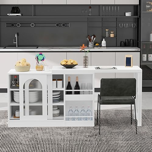 KecDuey Table de bar moderne - Table à manger - Extensible - Pivotante à 360° - Avec espace de rangement - Avec porte en verre - Table de bar pour cuisine, café, bar - Blanc - Nail Gallerys