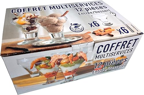 Lebrun Couverts - Coffret Glace Frosty - Entrée - Dessert - Set de 12 Pièces en Glace - Acier Inoxydable - Verre - Coupes sur pied 30,5 cl - Cuillères à Glace couleurs assorties - Set Vaisselle - Nail Gallerys