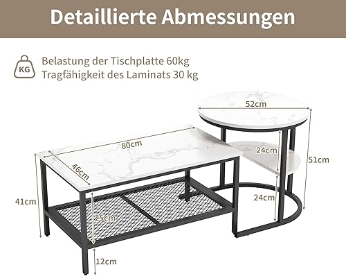 Tables Basses Lot de 2, Table Gigogne Design Marbre, Cadre en Métal, Table d'Appoint Ronde pour Canapé, Table Centrale pour Salon Bureau Maison Café Hotêl, 80x41x46cm+52x52x51cm (Couleur Or 3) - Nail Gallerys