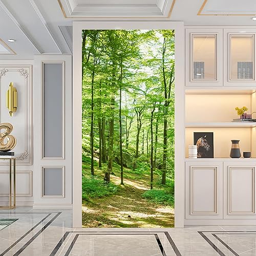 Stickers Porte Les Arbres Verts De La Forêt - Autocollants de Décoration PVC Amovible Imperméable Auto Adhésif pour Placard 77x200cm - Nail Gallerys