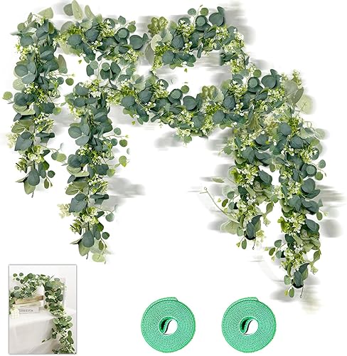 TAIXING 2 Pièces Guirlandes Eucalyptus Artificiel, 1,8 m Artificielle Eucalyptus Guirlande avec Ruban de Cerclage, Guirlande Plante Artificielle pour Mariage Jardin Suspendu Chambre à Coucher Murale - Nail Gallerys