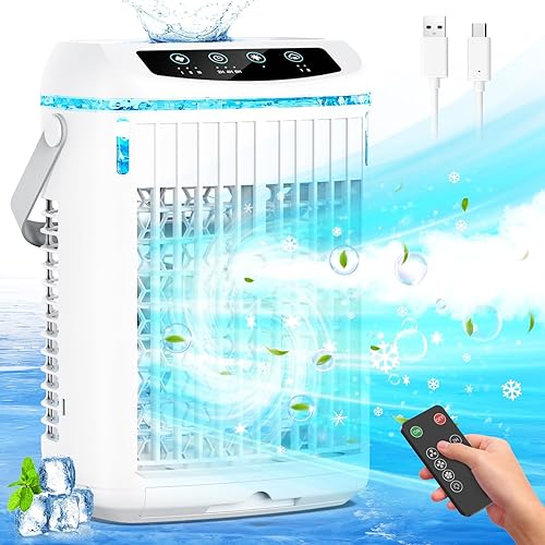 Climatiseur Mobile, Climatiseur Portable 1200ml Refroidisseur d'air USB Ventilateur Silencieux avec Télécommande, 3 Modes & 3 Vitesses, 2-4-6H Minuterie, LEDs Colorées, Idéal pour Maison/Bureau - Nail Gallerys
