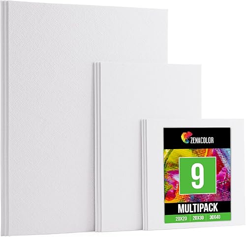 Zenacolor Toile Peinture Multi Tailles- 20x20, 20x30 et 30x40 - Lot de 9 Canvas Tous Types de Peintures - Toile Vierge, sans Acides - Toiles Pour Loisir Creatif - Nail Gallerys