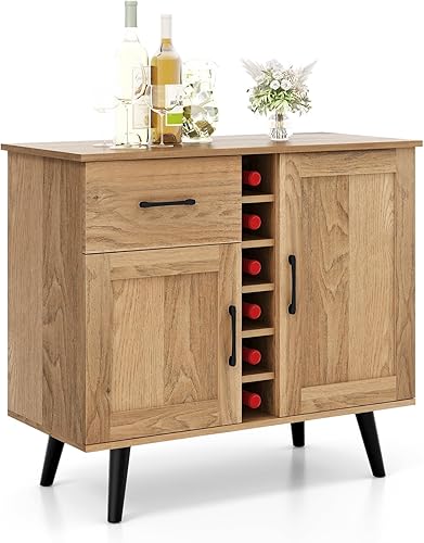KOMFOTTEU Buffet Cuisine Industrielle, avec Porte-Bouteilles, Meuble de Rangement, 2 Armoires à Portes & 1 Tiroir, Armoire de Salle à Manger, Style Naturel, 90 x 40 x 79 cm - Nail Gallerys