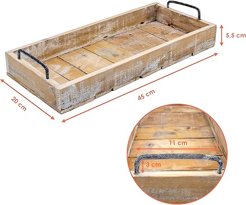 Plateau décoratif en bois aspect usé avec poignées en métal – 45 x 20 cm – Plateau rectangulaire pour servir et bougies – Plateau à bougies – Plateau de service de table décoratif pour bougies – - Nail Gallerys
