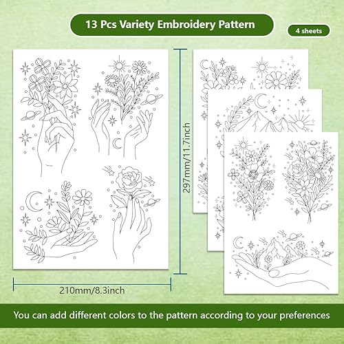 BENECREAT 4 feuilles Stabilisateurs de Broderie de Bouquet Papier à Broder Étoile Lune Montagnes avec Stabilisateur Soluble dans L'Eau Pré Imprimé pour Amateurs de Broderie et de Couture 13 Pcs - Nail Gallerys