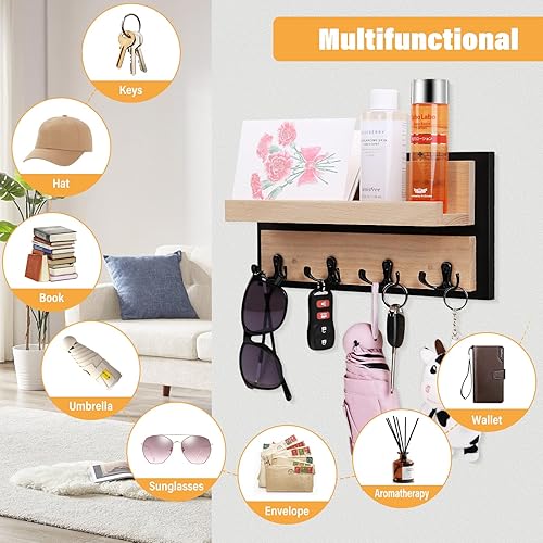 Porte-clés mural en bois avec 4 crochets robustes pour éviter de perdre des clés, étagère de courrier avec clôture, porte-clés mural pour couloir, entrée, vestiaire, bureau - Nail Gallerys