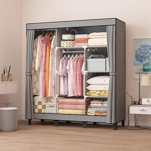LOEFME Armoire de Rangement Chambre Avec 2 Tringles à Vêtements Robustes, Penderie Tissu Avec Étagères, Pliante Ouverte, Dressing Adulte, 172 x 130 x 45 cm (Gris) - Nail Gallerys