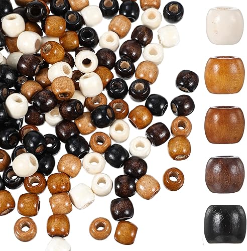 Nogeqi Lot de 200 perles en bois avec grand trou - 5 couleurs naturelles - Perles en bois pour dreadlocks - Fabrication de bijoux - 12 mm - Diamètre du trou : 5 mm - Nail Gallerys