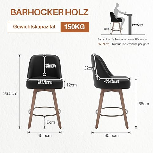 Bekrvio Linen - Lot de 4 tabourets de bar pivotants à 360° - Hauteur d'assise : 66 cm - Avec pieds en bois et repose-pieds - Chaise de bar confortable avec assise rembourrée - Nail Gallerys