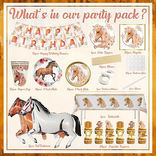Xietaea Set de vaisselle de fête d'anniversaire pour chevaux - Assiettes en carton - Gobelets en carton - Nappe - Décoration de gâteau - Cheval - Décoration d'anniversaire d'enfant - Vaisselle pour 20 - Nail Gallerys