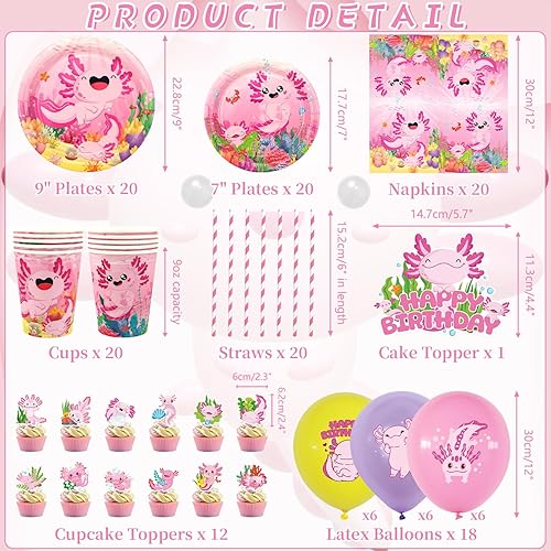 Obussgar Axolotl - Décorations de fête d'anniversaire - Accessoires de fête Axolotl - Avec toile de fond, assiette, décoration de gâteau, tasse, serviette, ballon, nappe - Pour 20 personnes (BJ) - Nail Gallerys