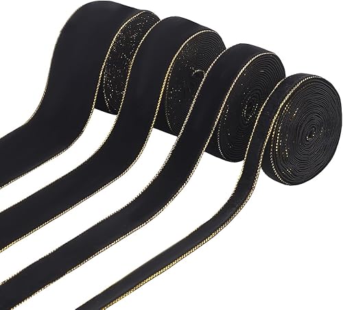PH PandaHall 11m 4 Tailles Ruban en Velours Ruban Noir 10/19/25/40mm Ruban de Velours Simple Face Ruban Noir Satiné avec Bord Doré pour Emballage Cadeau Bouquet de Mariée Décoration de Mariage - Nail Gallerys