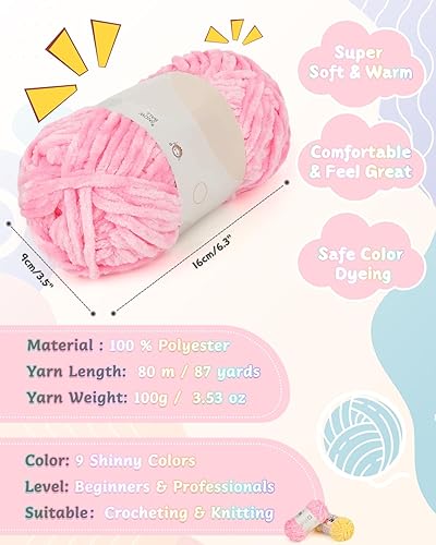 Aeelike Lot de 9 pelotes de laine chenille de 100 g de fil à crochet super doux pour le tissage à la main avec 1 sac de rangement transparent - Nail Gallerys