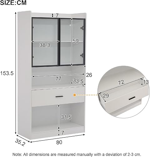 PUGSDRLY Vitrine Minimaliste avec Portes en Verre et 1 Tiroir,Armoire de Vitrine avec Lumières LED,Bibliotheque,Moderne Meubles de Rangement avec étagères pour Cuisine Salon et Bureau Blanc (C, 1) - Nail Gallerys