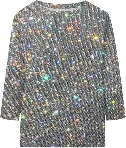 Hauts à paillettes pour femme - T-shirt à manches longues décontracté - Col rond - Hauts scintillants - Avec paillettes brillantes - T-shirt - Haut - Bal de fin d'année - Fête de carnaval, argenté, L - Nail Gallerys