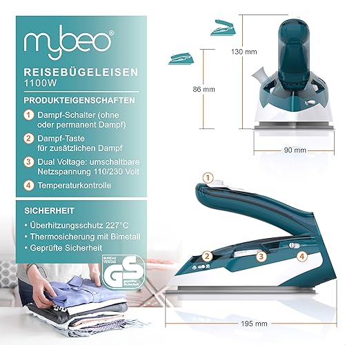 MyBeo Fer à repasser à vapeur 1100 W – Double tension 110/230 V – Fer à repasser avec semelle antiadhésive – Semelle coulissante – 3 niveaux réglable – Fer à vapeur pliable - Nail Gallerys