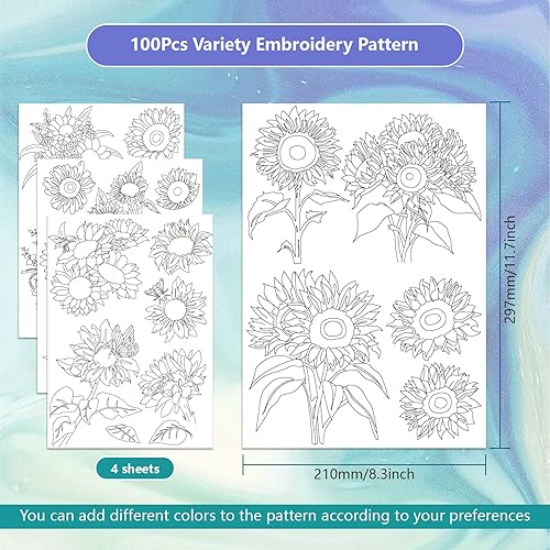 Hobbspring 4 Feuilles de Stabilisateurs de Broderie Solubles dans L'Eau 21x29.7cm Papier à Broder Stick And Stitch avec Motif de Livre de Chat Fleur Plante Pré Imprimé - Nail Gallerys