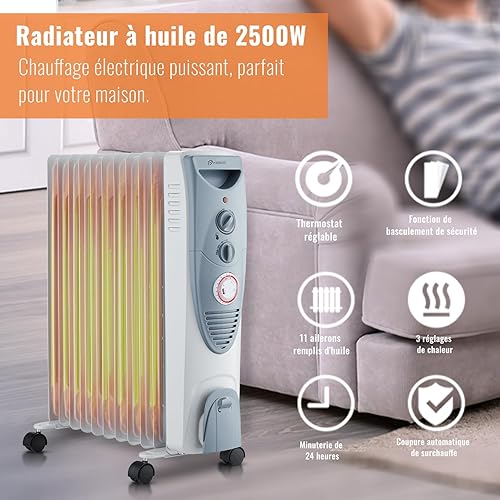 PureMate Radiateur à bain d'huile 2500 W, 11 colonnes - Chauffage électrique portable - Minuterie intégrée, 3 réglages de chaleur, thermostat et coupure de sécurité - Gris - Nail Gallerys
