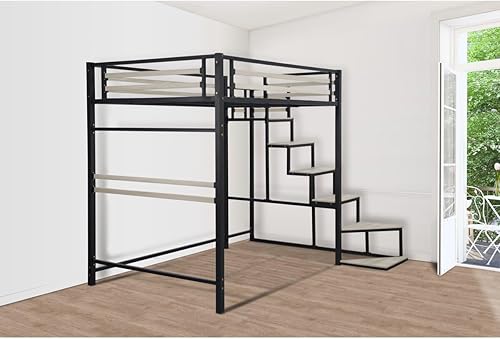 Habitat et Jardin Lit Mezzanine en métal avec escalier Lena - 140 x 190 cm - Noir - Nail Gallerys
