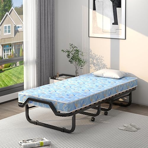 Giantex Lit Pliant 90x200 cm pour Adulte, Lit d'Appoint Pliable avec Matelas en Mousse à Mémoire de Forme, Lit de Voyage Adulte avec 4 Roues, Lit d'Invité Pliant en Métal, Charge Jusqu'à 120 kg - Nail Gallerys