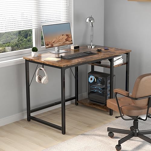 Airfish Bureau avec Rangement 120cm avec 2 Étagères Réglable, Bureau Informatique pour Télétravail Réversible à Gauche et à Droite, Cadre en Acier, Postes de Travail pour Domicile, Marron Rustique - Nail Gallerys