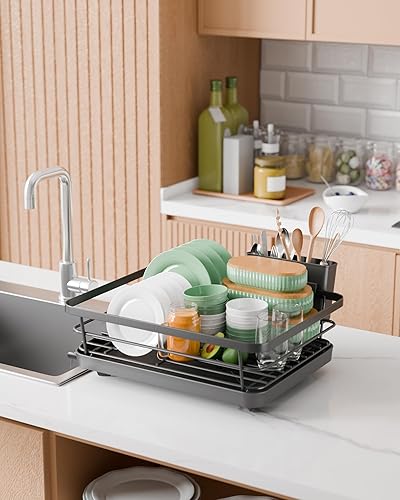 Kitsure Egouttoir Vaisselle Cuisine - Egoutoire Compact et Gain de Place, Seche Vaisselle en Acier Inoxydable avec Porte-Couverts, 29,0 x 38,1 x 12,7 cm, Noir - Nail Gallerys