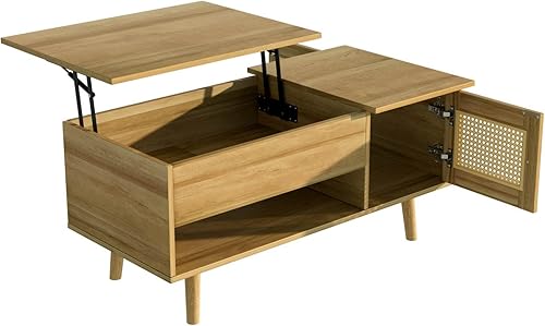 Sweiko Table Basse multifonctionnelle avec Plateau relevable et Porte en rotin, Table de Rangement de Salon avec Espace de Rangement Pratique et Design Fonctionnel (103 L x 50 B x 46 H) - Nail Gallerys