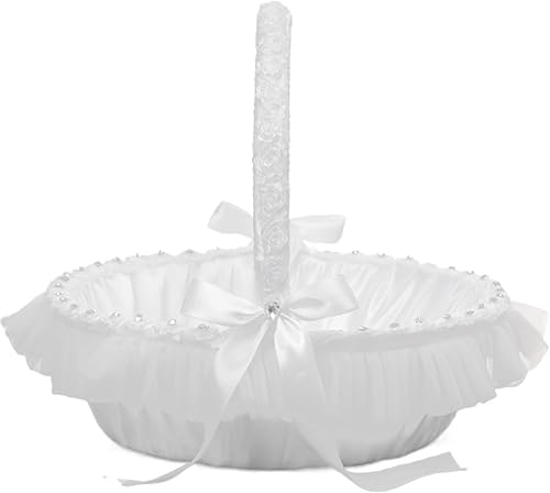 KDAMGOQE Panier de Fleurs pour Les Mariages, Panier de Fleurs de Mariage avec Bowknot en Dentelle et Strass, 13,8x11.8 Panier de Mariage Blanc avec Un Panier de Mariage Manche - Nail Gallerys