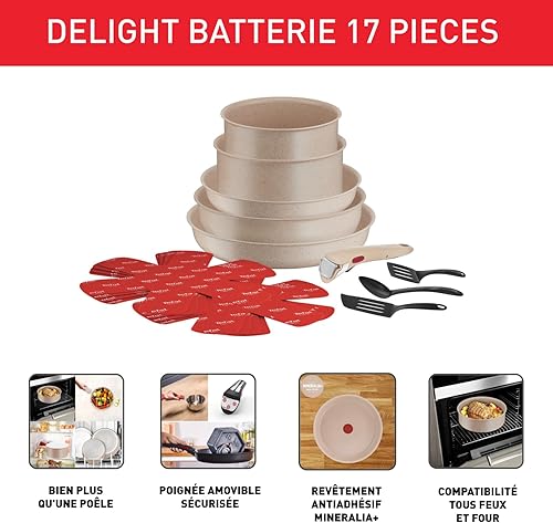 Tefal Ingenio Batterie de cuisine 17 pièces, Tous feux dont induction, Revêtement antiadhésif, Indicateur de température, Aluminium 100% recyclé, Empilable, Fabriqué en France, Delight L7839002 - Nail Gallerys