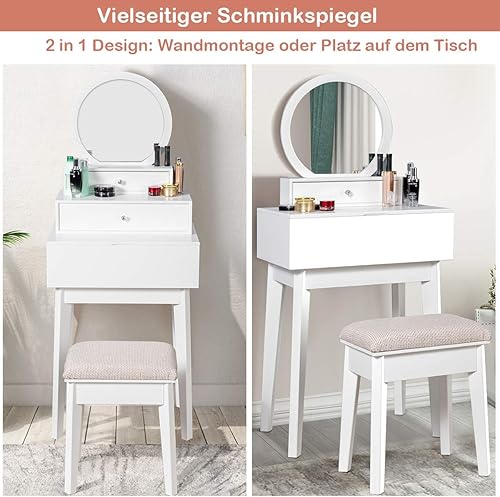 COSTWAY Miroir avec 2 tiroirs - Miroir Rond - Coiffeuse - Nail Gallerys