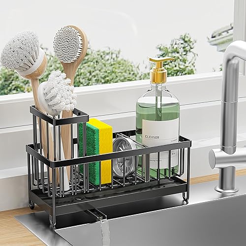 Cisily Porte-éponge noir pour évier de cuisine, organisateur d'évier avec support de brosse haut, organiseurs de comptoir de cuisine et essentiels de rangement, acier inoxydable 304, distributeur de - Nail Gallerys
